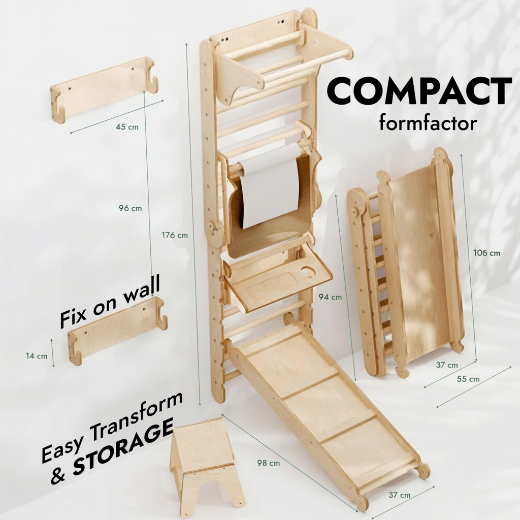 Swedish Ultimate 7-in-1 Montessori Adventure Set – Climber, Gym, Art, Ramp all in one playset