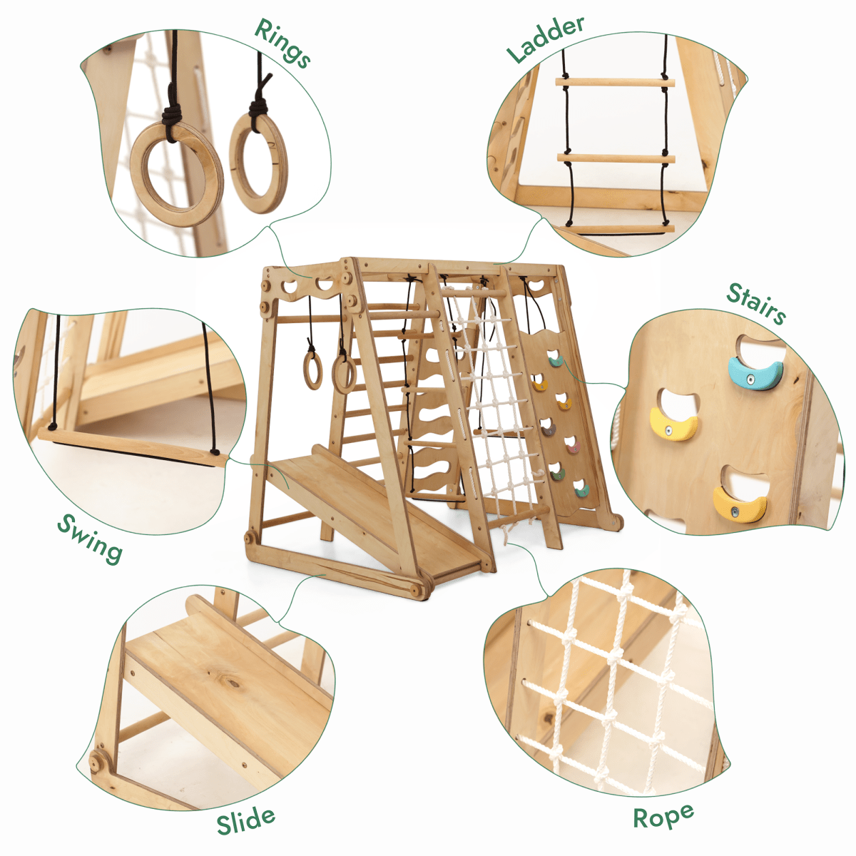 PlayPeak 6-in-1 Montessori Indoor Playground Set – Wooden Climber and Swing