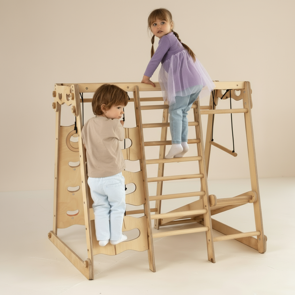 PlayPeak 6-in-1 Montessori Indoor Playground Set – Wooden Climber and Swing