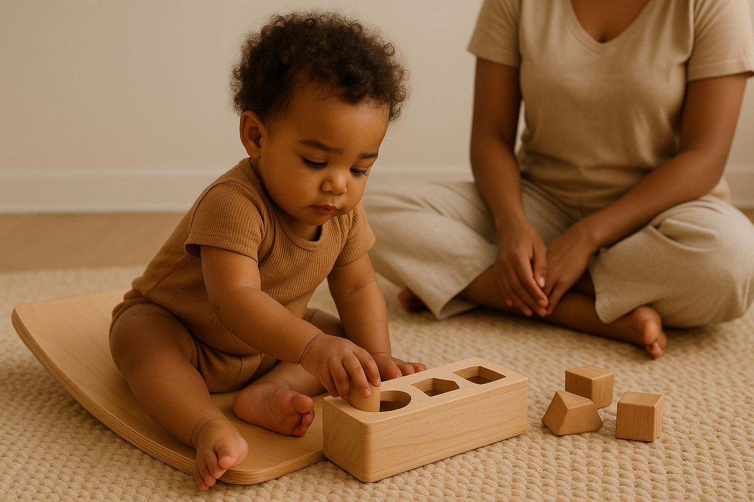 a-faceless-scene-showing-a-mom-sitting-cross-legged-on-a-light-woven-rug-while-her-toddler-independently-plays-with-a-wooden-montessori-toy-such-as-a-balance-board-or-shape-sorter-the
a-faceless-scene-showing-a-mom-sitting-cross-legged-on-a-light-woven-rug-while-her-toddler-independently-plays-with-a-wooden-montessori-toy-such-as-a-balance-board-or-shape-sorter-the. make them not caucasion and remove the mom's face/ head from the image, main focus on the child