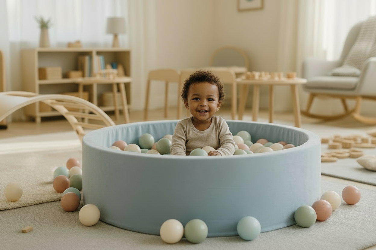 make the background a bit blurry and the children the main focus; also remove the red block and any toys not specified. Toys that can be blurred out might be a pickle triangle/ indoor climbing set