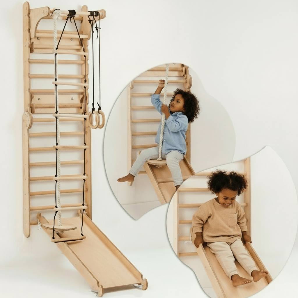 Swedish Ultimate 7-in-1 Montessori Adventure Set – Climber, Gym, Art, Ramp all in one playset