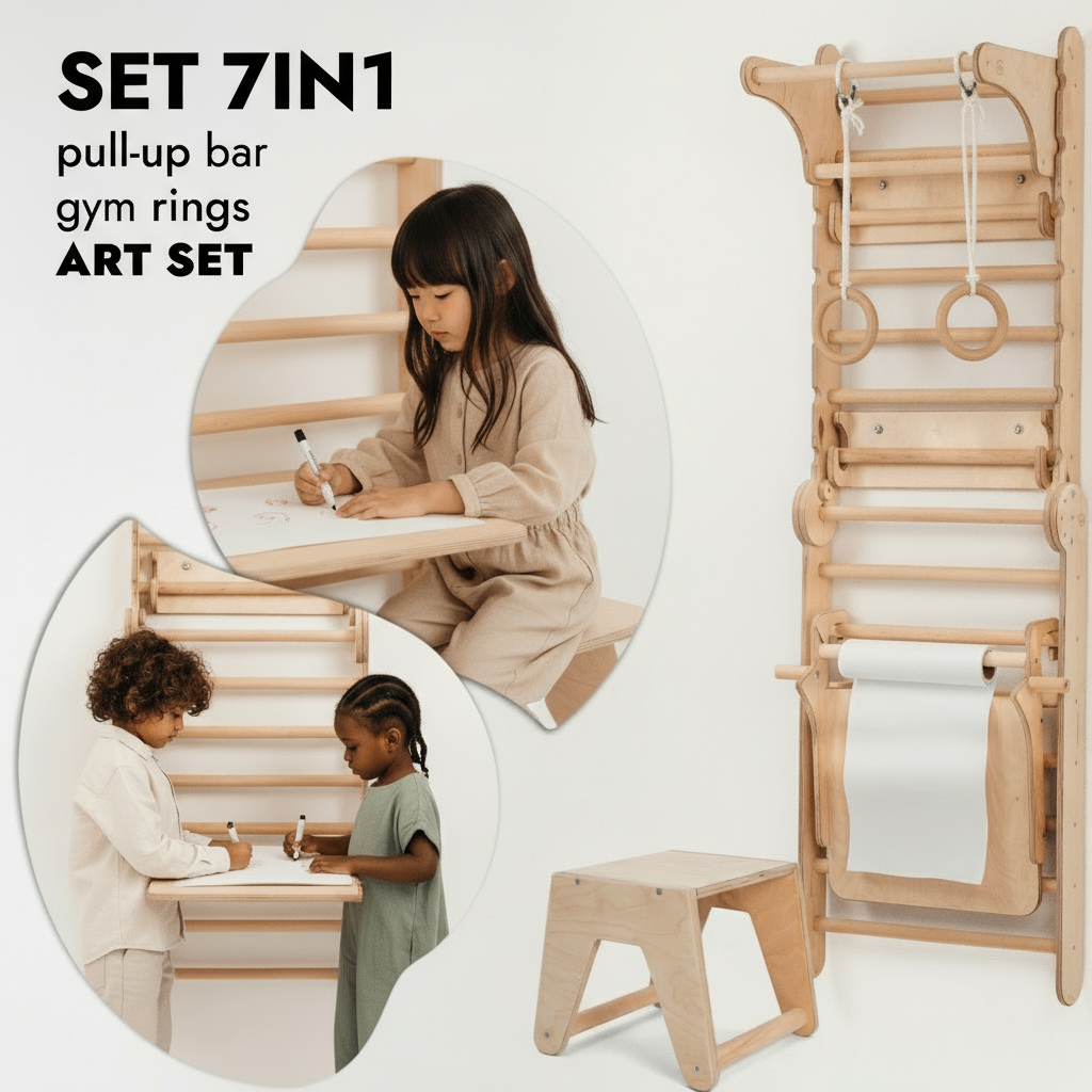 Swedish Ultimate 7-in-1 Montessori Adventure Set – Climber, Gym, Art, Ramp all in one playset