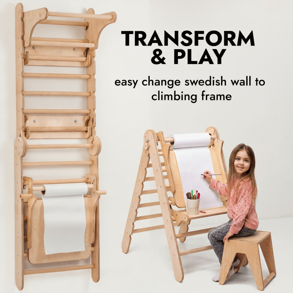 Swedish Ultimate 7-in-1 Montessori Adventure Set – Climber, Gym, Art, Ramp all in one playset